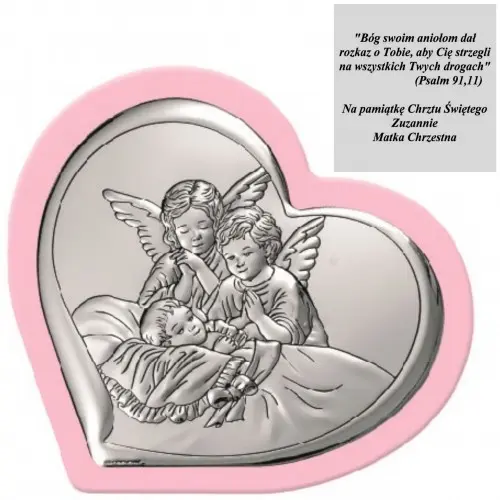 Srebrny obrazek Serce Anioł Stróż chrzest komunia grawer