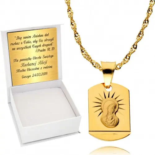 Łańcuszek Złoty 925 Medalik Chrzest Komunia Grawer