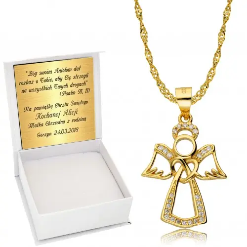 Złoty Łańcuszek 925 Medalik Anioł Chrzest Grawer
