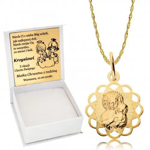 Złoty łańcuszek i medalik złoto 333 Chrzest Komunia Grawer