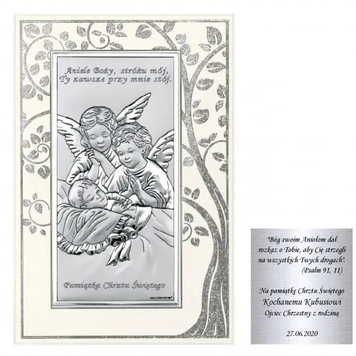 Srebrny obrazek anioły anioł stróż chrzest komunia grawer