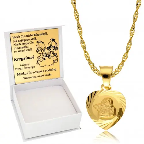 Złoty Łańcuszek 925 Medalik Anioł Chrzest Grawer