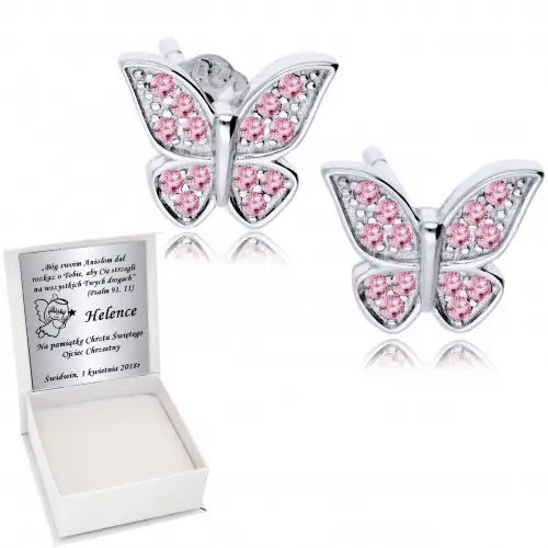 Srebrne Kolczyki 925 Motylki Różowe Cyrkonie