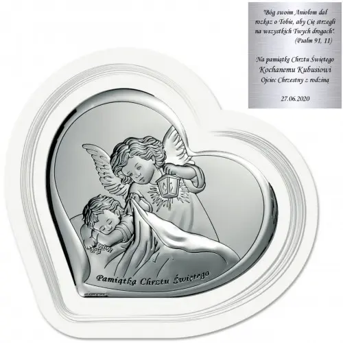 Srebrny obrazek duże Serce Anioł Stróż chrzest komunia grawer