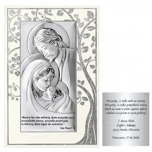 Srebrny obrazek Święta Rodzina na ślub rocznicę Grawer