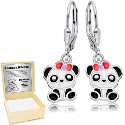 Srebrne Kolczyki 925 Kolorowe Misie Panda Dzieci