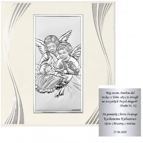 Srebrny obrazek anioły anioł stróż chrzest grawer