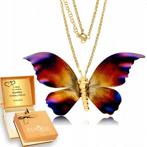 Złoty Łańcuszek 925 Duży Motyl Kolor Tytan Grawer