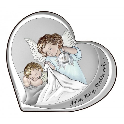 Srebrny obrazek Serce Anioł Stróż chrzest komunia grawer