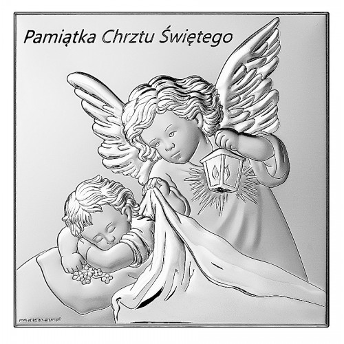 Srebrny obrazek aniołek anioł stróż chrzest komunia grawer
