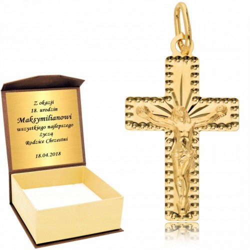 Złoty Wisiorek Męski Krzyż Krzyżyk ZŁOTO 585 Komunia Chrzest Grawer