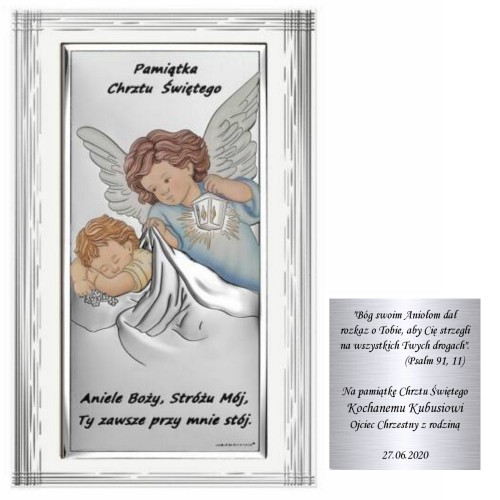 Srebrny obrazek aniołek anioł stróż dla dziecka chrzest GRAWER