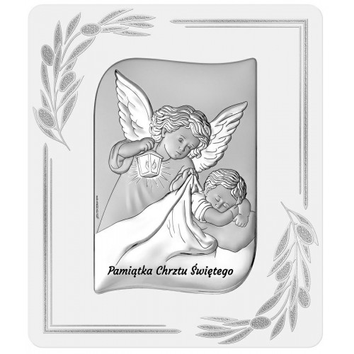 Srebrny obrazek aniołek anioł stróż dla dziecka chrzest