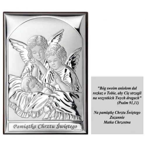 Srebrny obrazek anioły anioł stróż chrzest komunia grawer