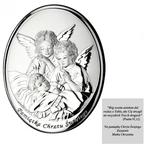 Srebrny obrazek aniołek anioł stróż dla dziecka Pamiątka chrztu